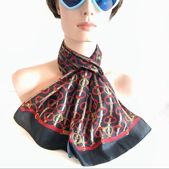 Echo black red gold horns and buckles silk scarf - Picture 5 of 7